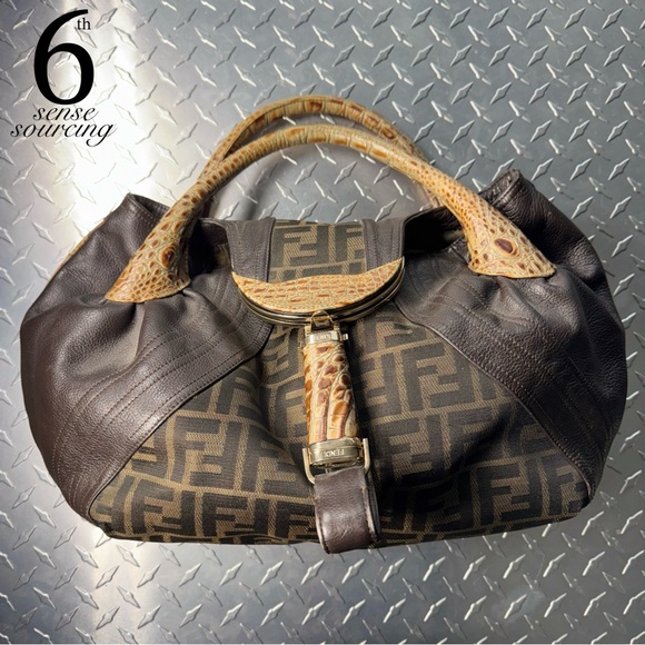 Fendi Tobacco Vintage Zucca Spy Croc Leather in Brown